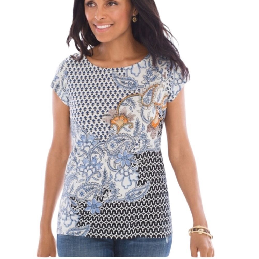 Chicos Paisley Sequin Embellished Tee Shirt Top Cotton Modal Womens Size Large